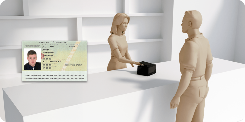 3D rendering of a bank teller scanning a customer's Monaco passport using an identity document scanner for KYC verification at a service counter.