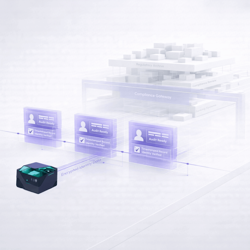 3D architectural diagram showing an identity document scanner transmitting encrypted identity data into a compliance gateway layered with banking systems, compliance review, and a regulatory archive.