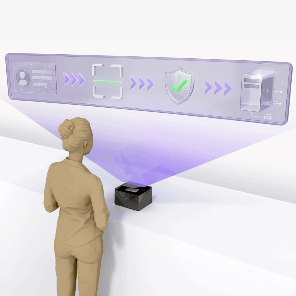 3D rendering of a bank worker looking at a floating digital process panel that displays an identity card scanning, security validation, and server upload sequence for KYC customer onboarding.