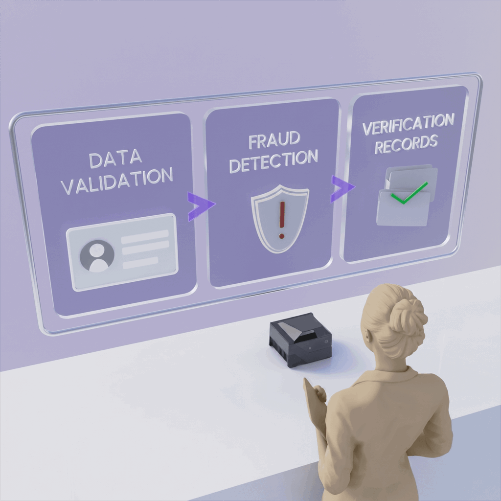 3D rendering of an operator standing at a counter with a document scanner, viewing a digital panel that outlines the identity verification process: data validation, fraud detection, and creating verification records.