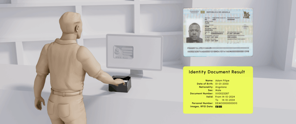 3D rendering of an Angola passport being verified by a document reader, showing extracted personal identity data results on a digital dashboard panel.