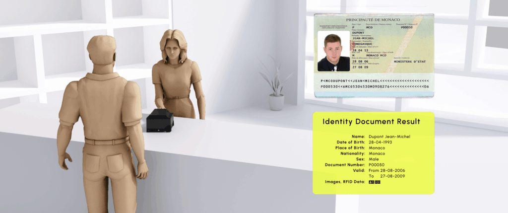 3D rendering of a bank counter showing an identity document scanner processing a Monaco passport, displaying verified personal details like name, date of birth, and document validity on a digital result graphic.