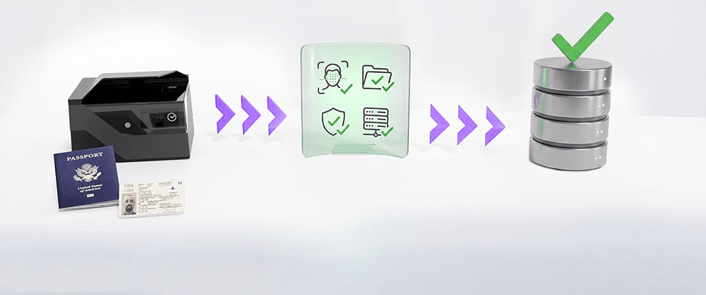3D horizontal workflow diagram showing a passport and ID card scanning device processing biometric data, passing checkmark security verifications, and successfully updating a central database stack.