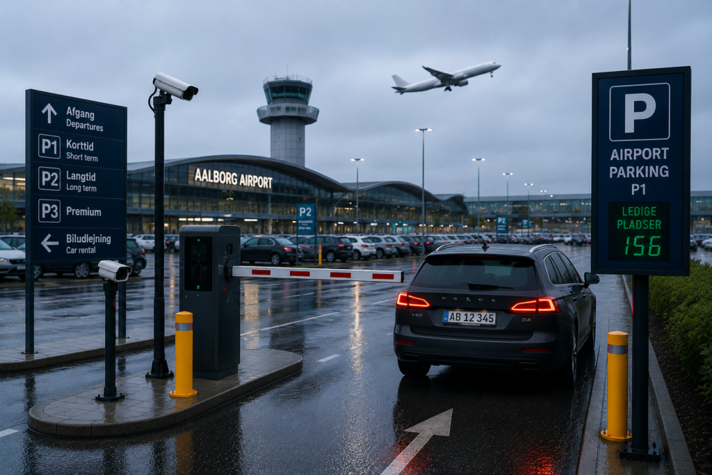 A vehicle passing through an airport parking lot gate equipped with an ANPR camera, with an airplane taking off in the background.