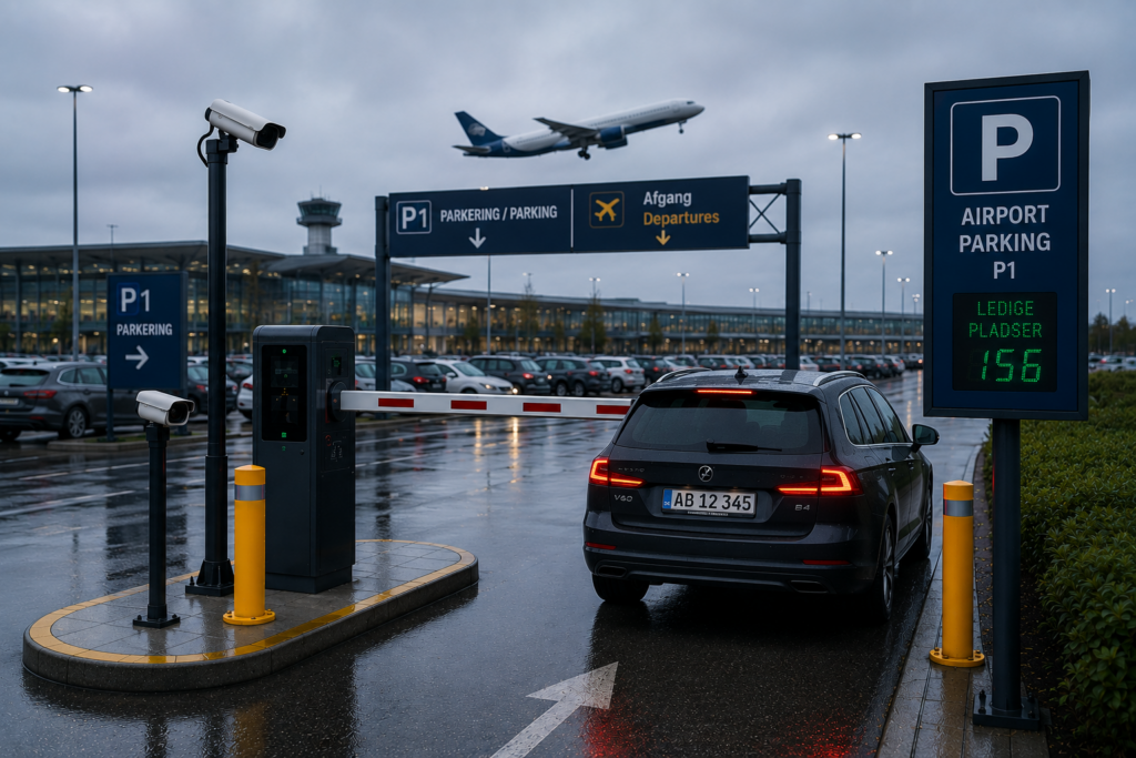 A car entering an airport parking lot gate monitored by an ANPR access control camera, with an airplane flying overhead.