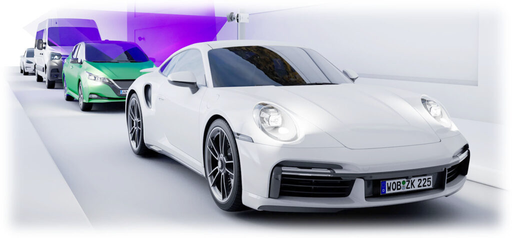 3D illustration of a queue of vehicles, including a white sports car and an electric van, entering a parking garage lane monitored by a dual-lens ANPR camera. A purple light beam visualizes license plate recognition in real-time.