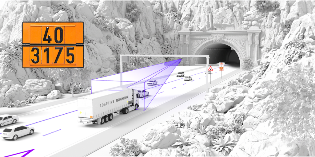 3D rendering of a highway traffic gantry leading into a mountain tunnel, featuring automated monitoring cameras that project scan lines over a cargo truck labeled 'Adaptive Recognition'. A digital overlay highlights an orange ADR hazardous materials plate with the numbers '40' and '3175' to symbolize automated dangerous goods identification.