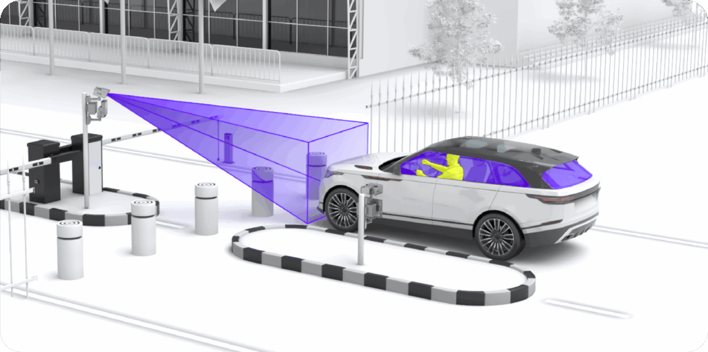 3D illustration of an automated security gate where a pole-mounted ANPR camera scans an approaching SUV, highlighting the driver for advanced access control and vehicle identification.