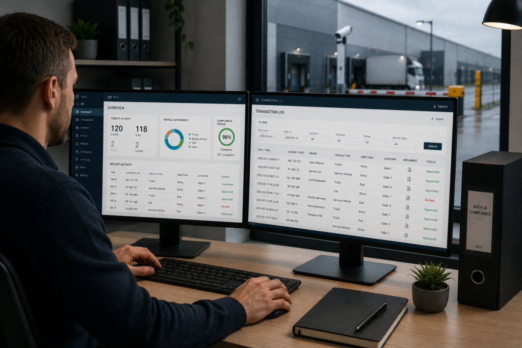 A security operator sitting at a desk monitoring logistics, vehicle access data, and compliance analytics dashboards on dual computer screens.
