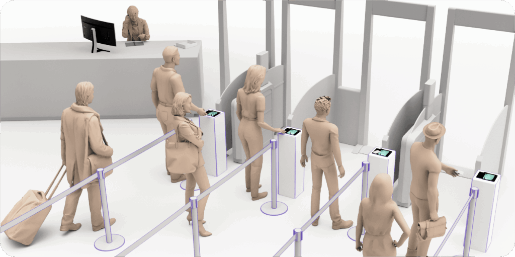 3D rendering of passengers standing in queue lines and scanning their travel documents at automated border control (ABC) e-gates in an airport terminal.