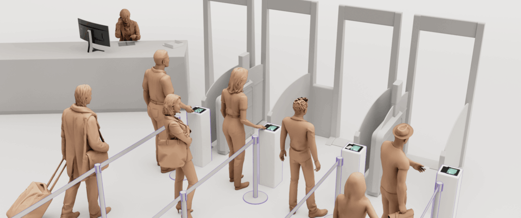 3D rendering of passengers standing in queue lines and scanning their travel documents at automated border control (ABC) e-gates in an airport terminal.