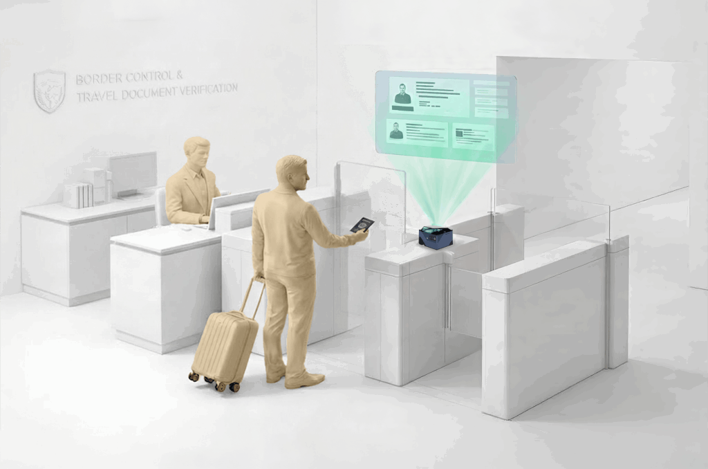 3D rendering of an automated airport border control checkpoint, showing a traveler with a suitcase scanning his passport at an e-gate which projects a digital HUD screen displaying verified traveler information next to a border agent desk.