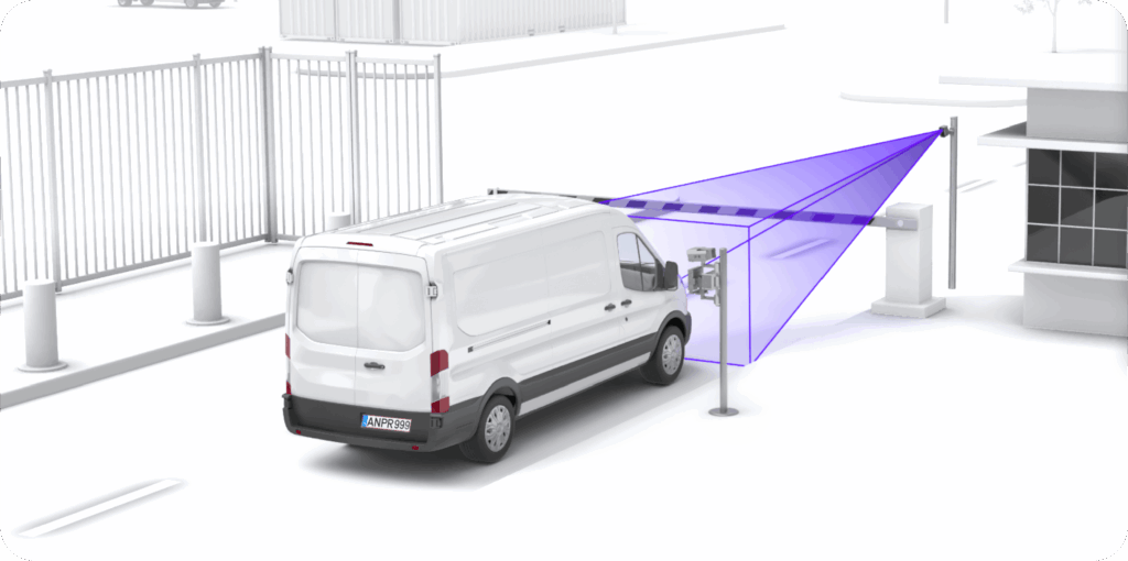 3D illustration of a white cargo van at a secure facility entrance checkpoint, where a pole-mounted ANPR camera scans the vehicle at the barrier gate.