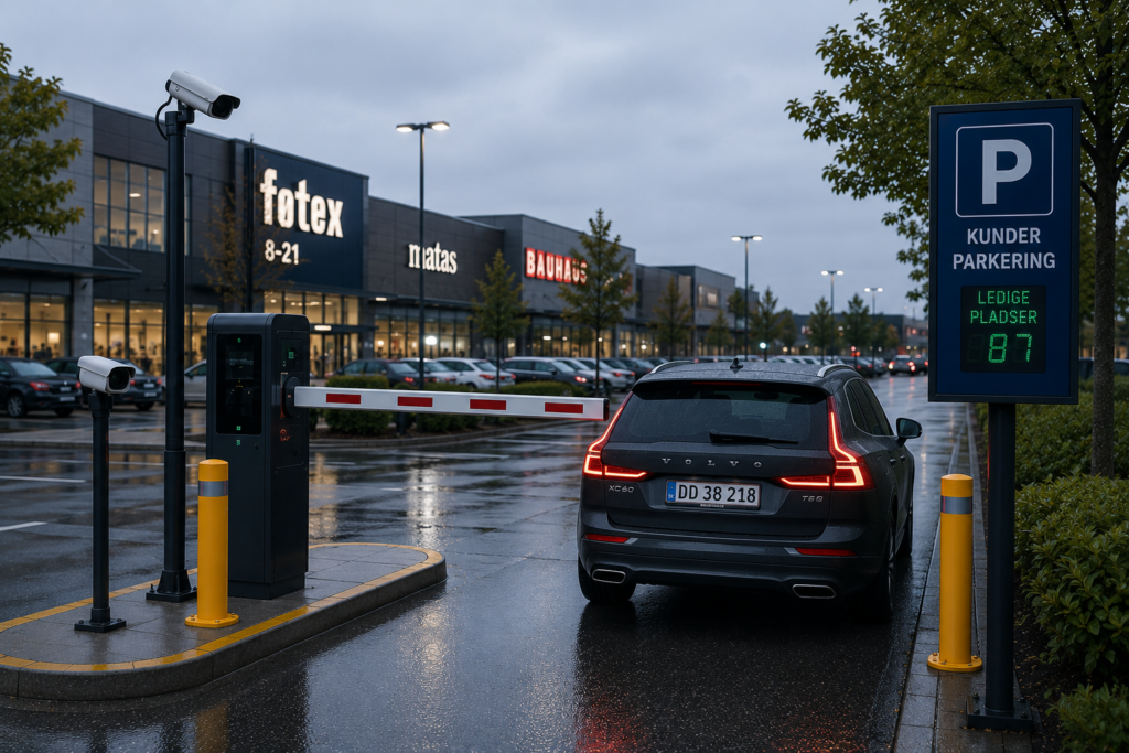 A vehicle at a retail shopping center parking entrance equipped with a license plate recognition camera and barrier gate.
