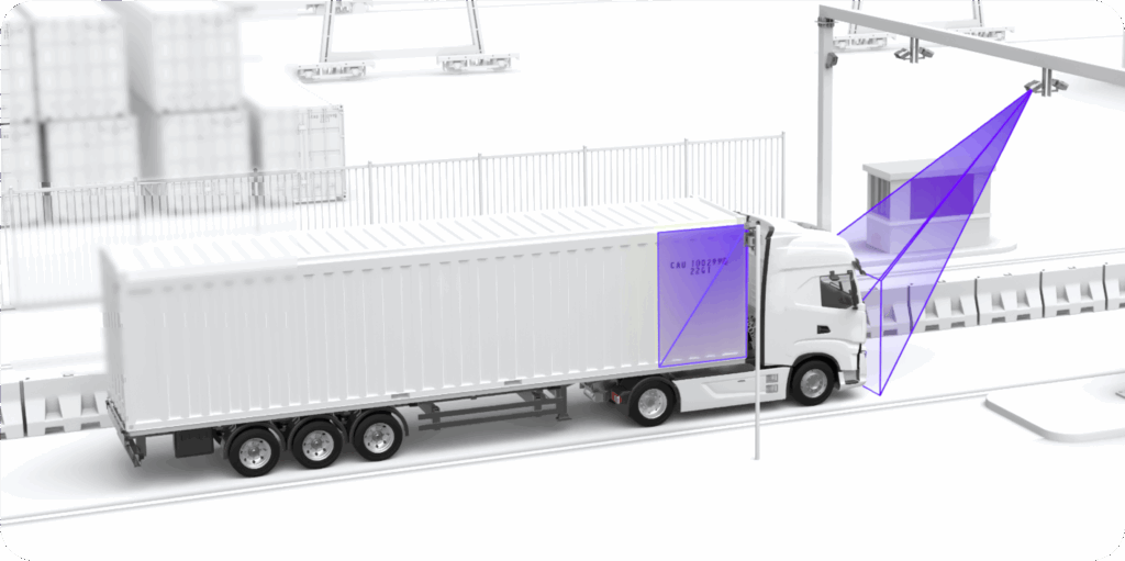 3D schematic of an automated logistics gate system with overhead cameras scanning a truck's front license plate and a shipping container's identification code.