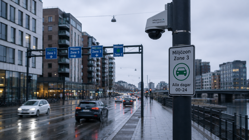 A pole-mounted traffic and parking camera monitoring vehicles driving down a city street corridor.