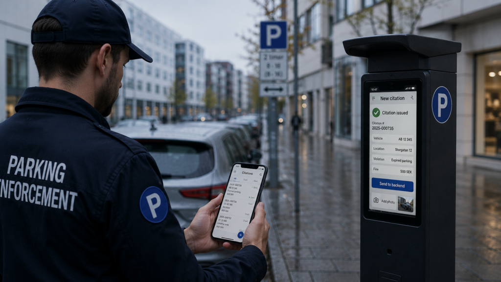 A parking enforcement officer using a smartphone app next to a digital pay station kiosk to issue citations.
