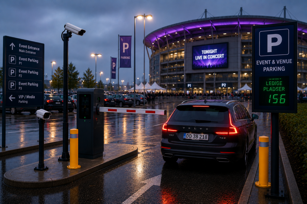 A car entering a stadium or event venue parking lot through an automated entry barrier with an LPR security camera.