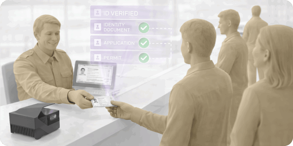An official at a government service desk or border checkpoint handing back a scanned ID card to a citizen, featuring a digital HUD overlay displaying approved checkmarks for 'Identity Document', 'Application', and 'Permit'.