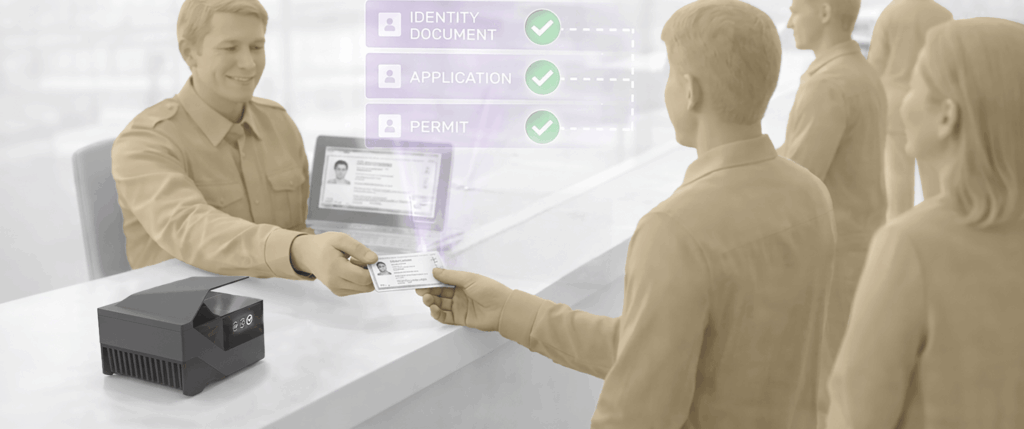 An official at a government service desk or border checkpoint handing back a scanned ID card to a citizen, featuring a digital HUD overlay displaying approved checkmarks for 'Identity Document', 'Application', and 'Permit'.
