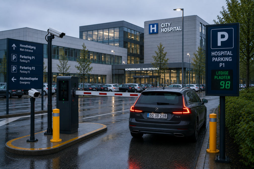 An automated parking entrance gate with an LPR camera system outside a modern hospital campus building.