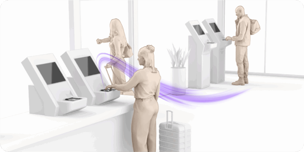 3D rendering of a hotel self-service check-in kiosk equipped with an identity document scanner processing a passport, displaying a validated room key and reservation summary on screen.
