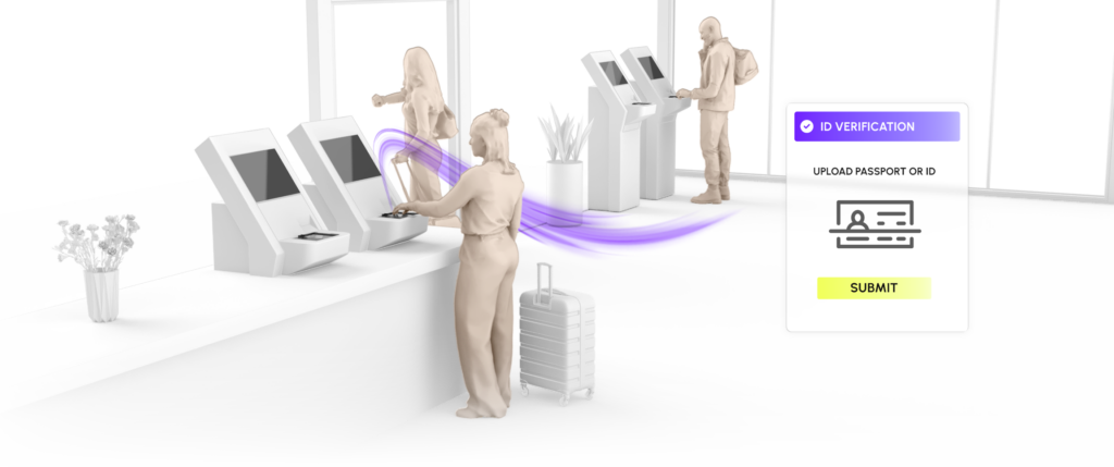 3D rendering of a hotel self-service check-in kiosk equipped with an identity document scanner processing a passport, displaying a validated room key and reservation summary on screen.