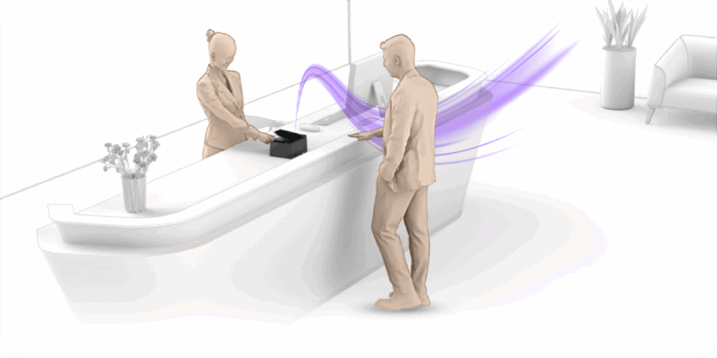 3D rendering of a hotel reception counter where a front desk agent scans a guest's passport or identification card, featuring a digital user interface overlay for identity verification and document upload.