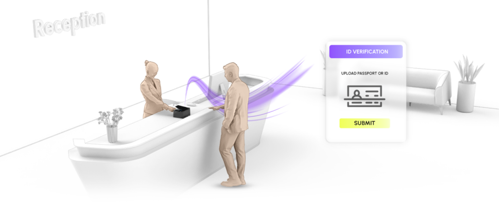3D rendering of a hotel reception counter where a front desk agent scans a guest's passport or identification card, featuring a digital user interface overlay for identity verification and document upload.