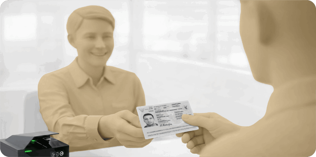 3D rendering of a customer handing an identity card to a smiling bank teller at a service desk next to a desktop document scanner for KYC verification.