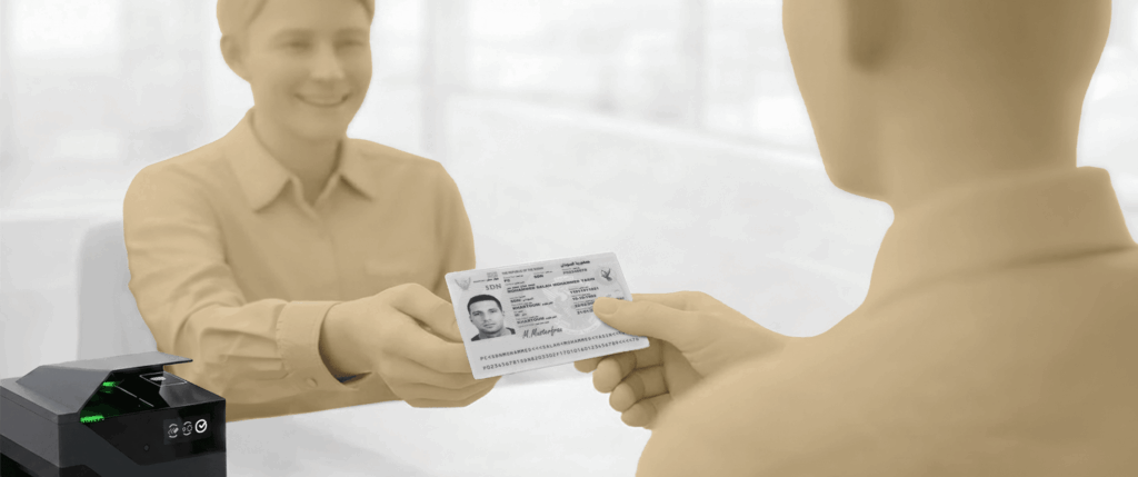 3D rendering of a customer handing an identity card to a smiling bank teller at a service desk next to a desktop document scanner for KYC verification.