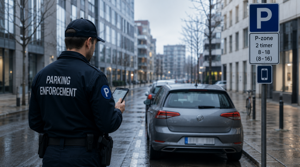 A parking enforcement officer with a handheld mobile device checking vehicles parked along a city street curb.