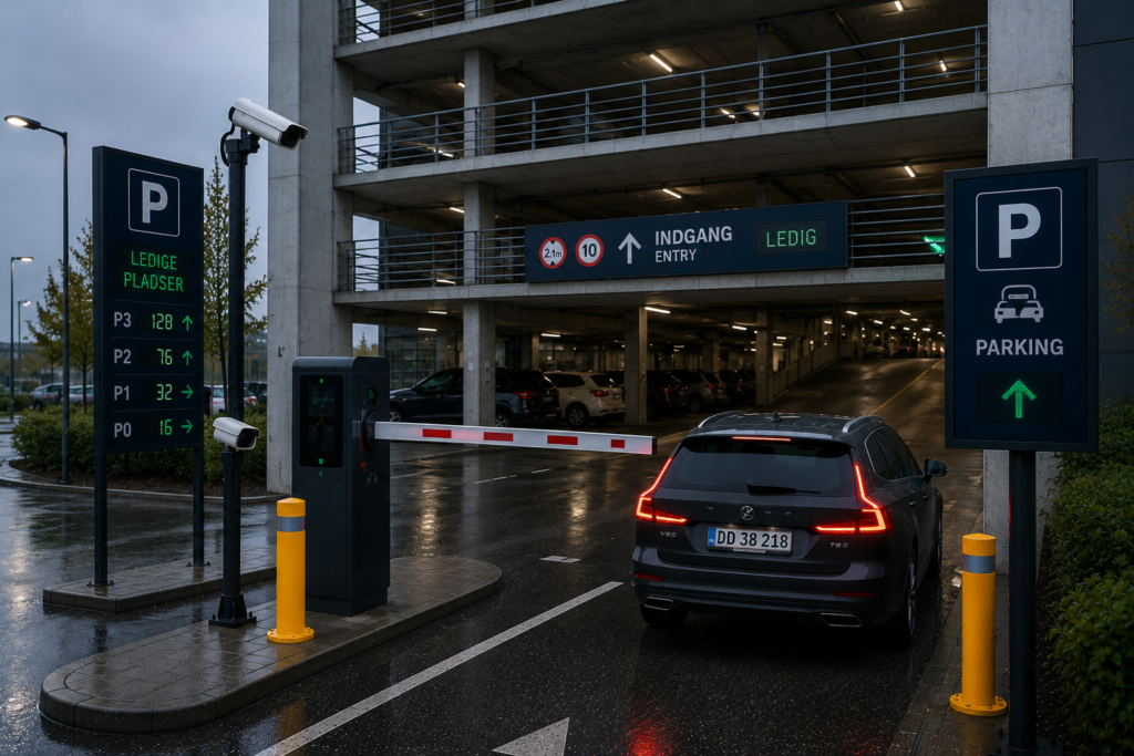An automated entrance to a multi-storey parking garage with a license plate recognition camera and space availability signage.