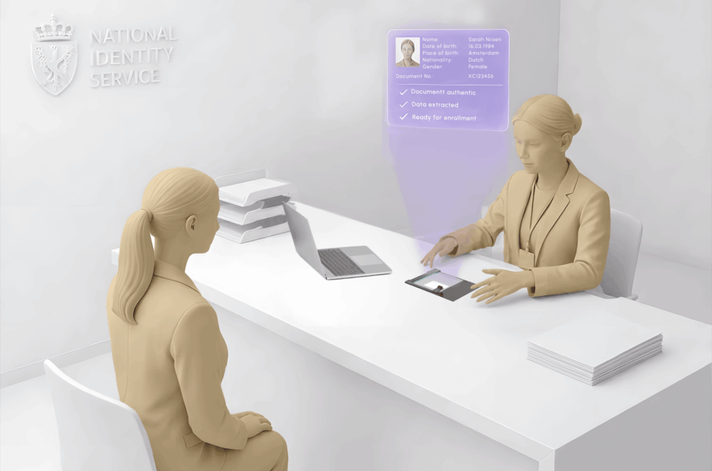 3D rendering of an official at a National Identity Service desk scanning a Dutch document for a citizen, displaying a floating interface confirming authenticity and data extraction for enrollment.