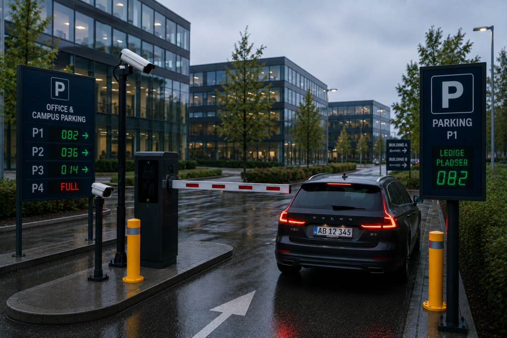 A car at a corporate office campus parking gate monitored by a smart access control camera system.