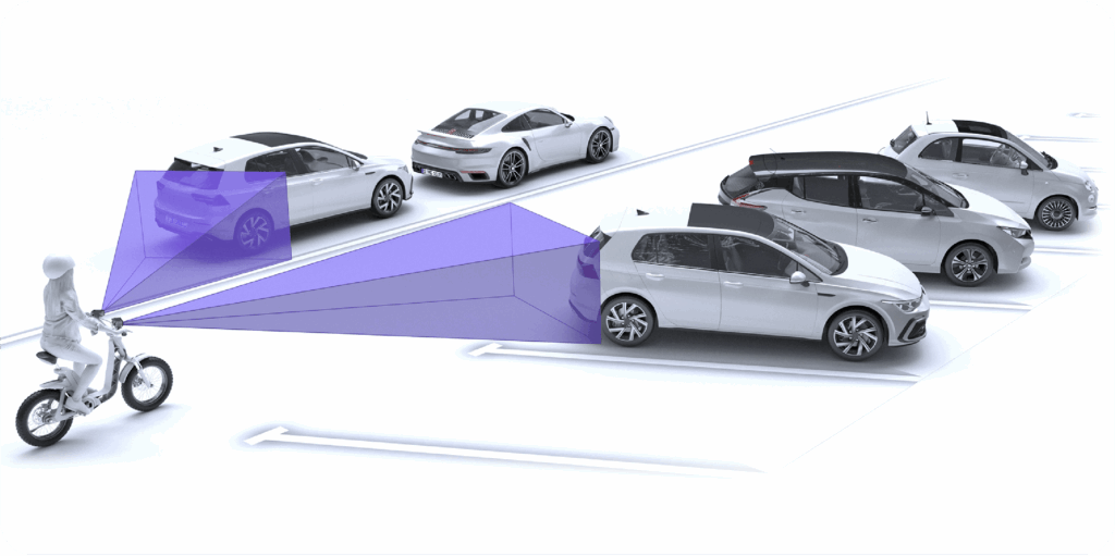 3D illustration of an on-street parking enforcement vehicle scanning parked cars using ANPR camera technology for license plate recognition.