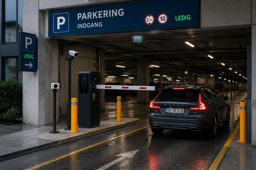 A car driving through an automated barrier gate at the entrance of an indoor multi-story parking garage.