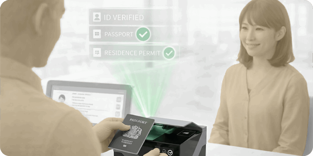 A customer service desk operator scanning a British passport into a document reader, projecting green digital HUD overlays that confirm successful verification for 'ID Verified', 'Passport', and 'Residence Permit'.
