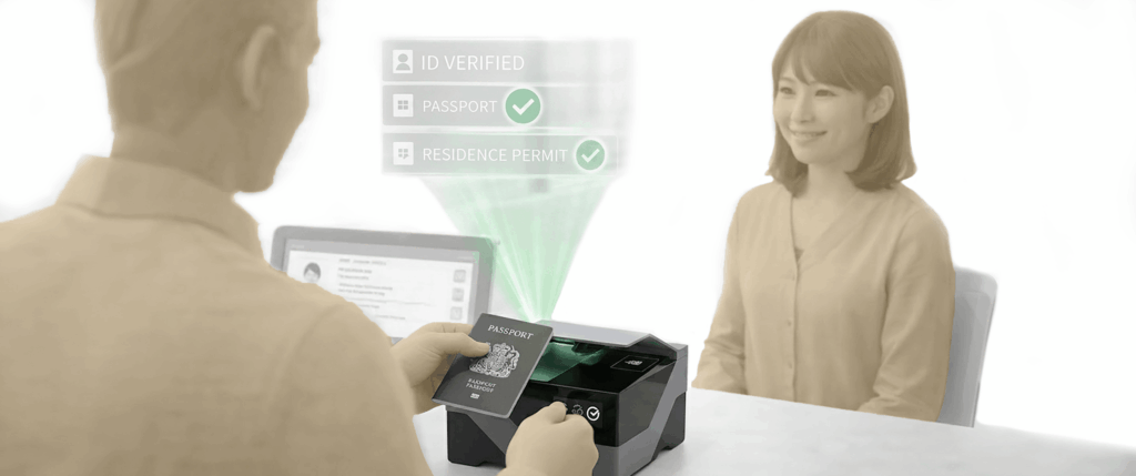 A customer service desk operator scanning a British passport into a document reader, projecting green digital HUD overlays that confirm successful verification for 'ID Verified', 'Passport', and 'Residence Permit'.