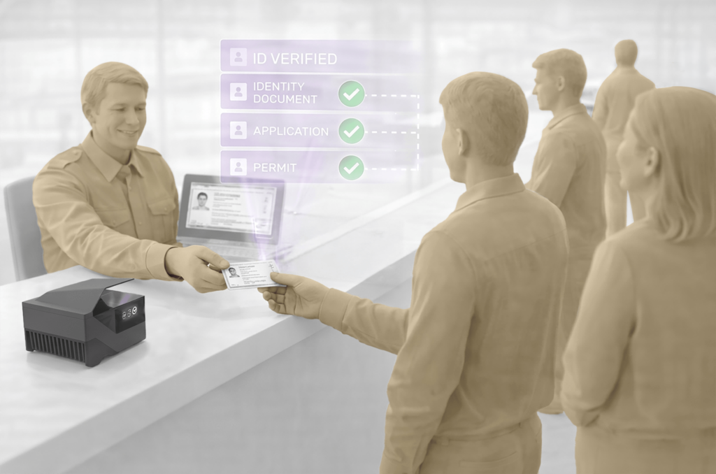 3D rendering of an official at a public authority service counter returning a verified ID document to a citizen, with a digital heads-up display showing green checkmarks for identity document, application, and permit authentication.