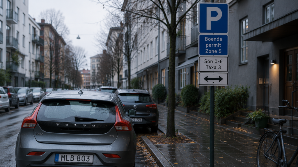 Rear view of cars parked on a city street next to a residential permit parking sign.