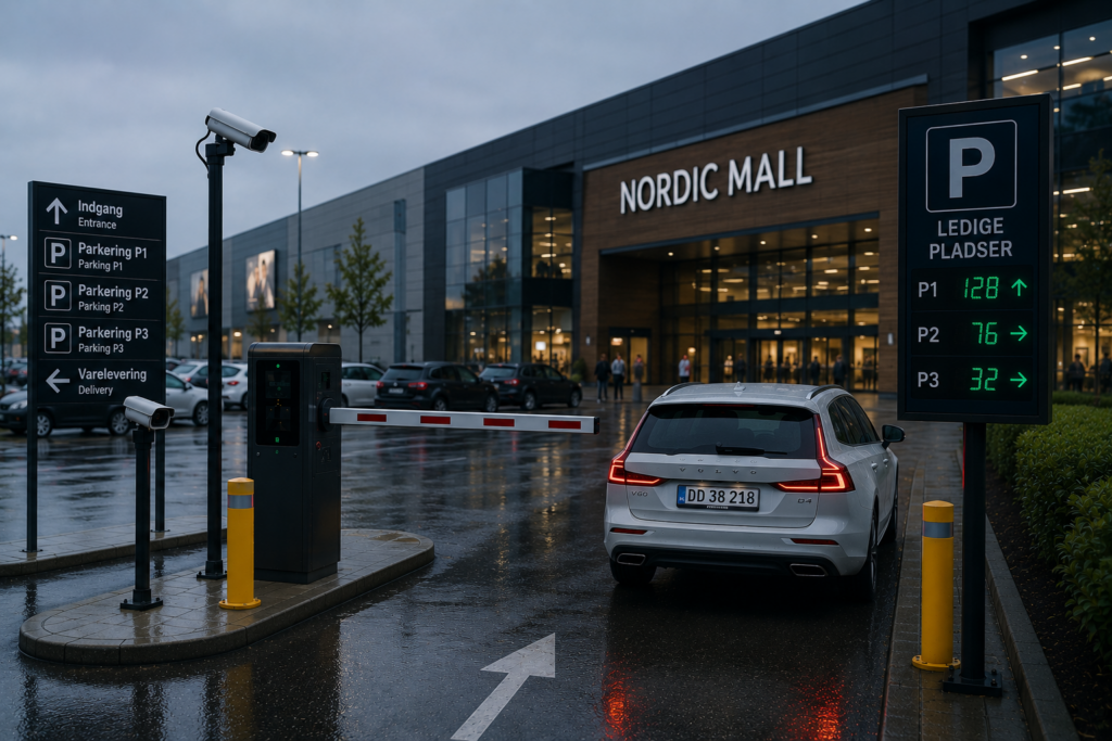 A vehicle driving into a Nordic Mall shopping center parking lot through an ANPR-enabled barrier gate.