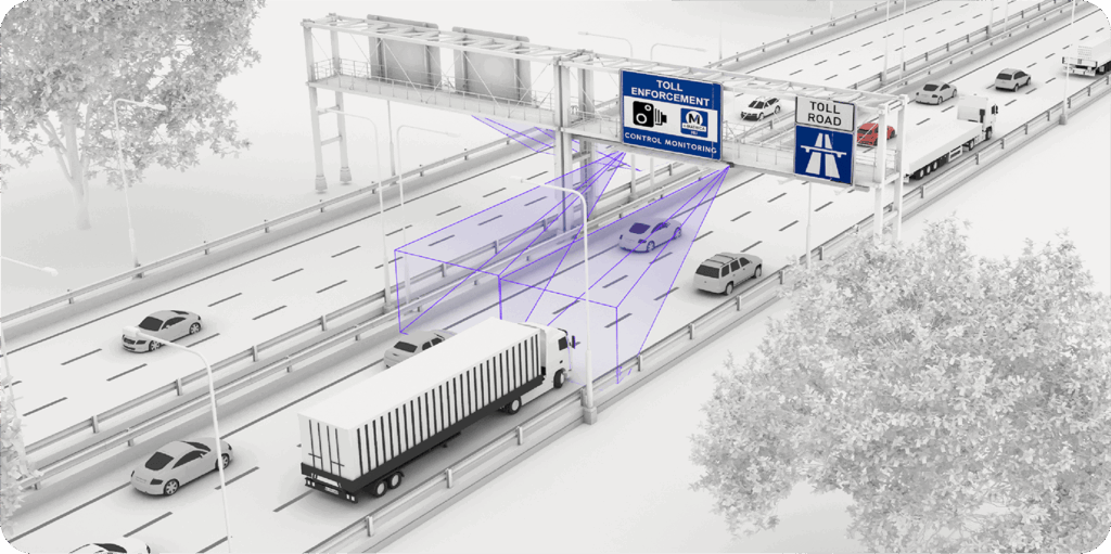 3D rendering of a multi-lane smart city toll road gantry featuring automated control monitoring and enforcement cameras projecting scan lines to track passing vehicles and cargo trucks.