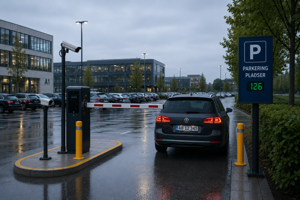 A car passing through a gated security entrance with a pole-mounted smart parking camera at an outdoor surface lot.