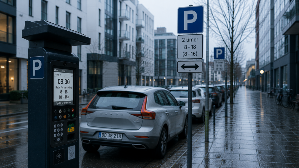 A line of cars parked on a city street next to a digital parking meter terminal and time limit signage.