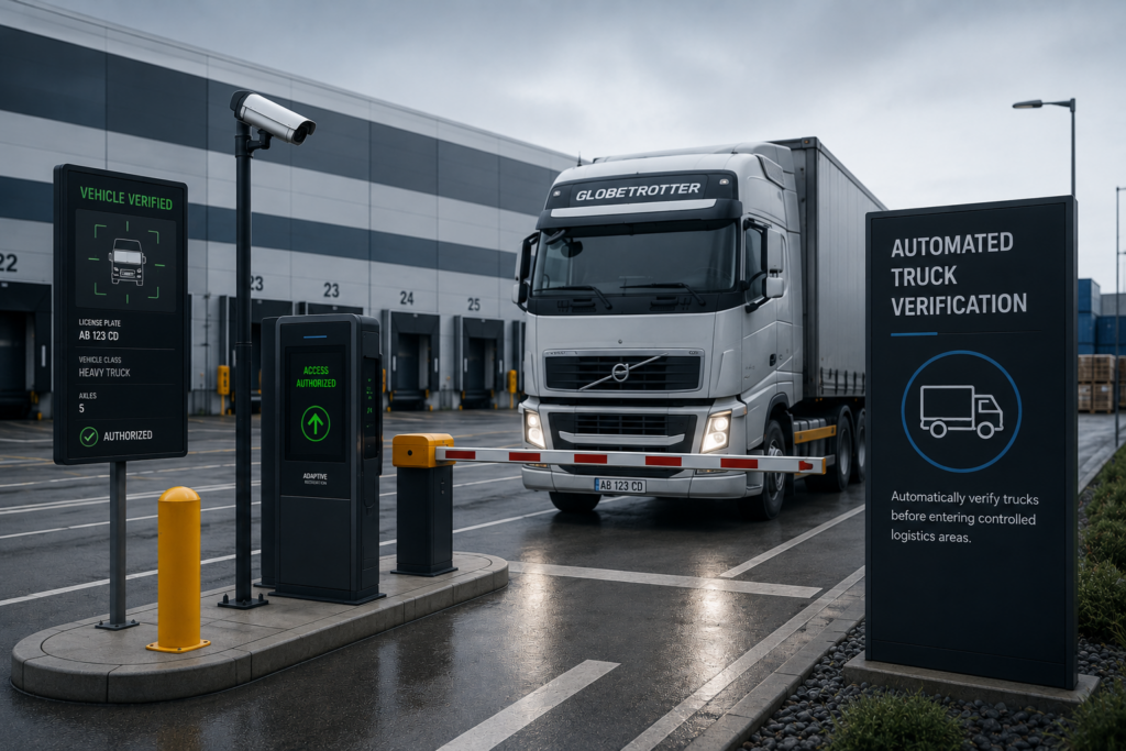 A heavy cargo truck passing through an automated logistics entrance gate equipped with an ANPR access control camera, an entry barrier, and digital confirmation screens.